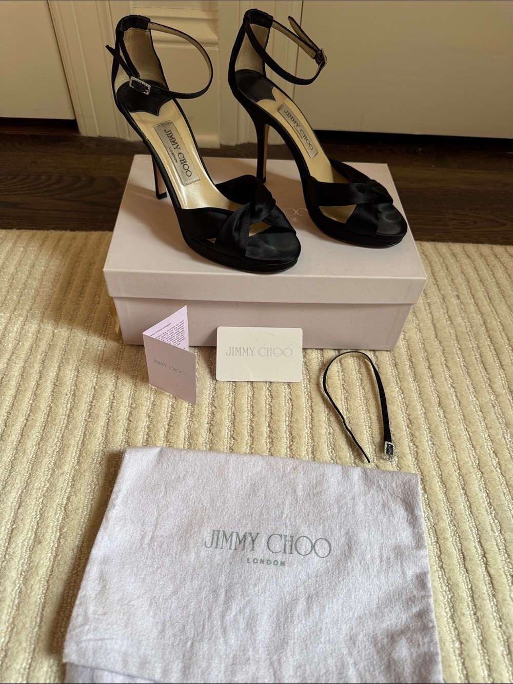 Jimmy Choo Macy Black Satin Open Toe Ankle Strap Heels
